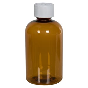 4 oz. Clarified Amber PET Squat Boston Round Bottle with 20/410 White Ribbed CRC Cap with F217 Liner