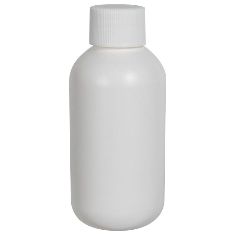 2 oz. White HDPE Boston Round Bottle with 20/410 White Ribbed Cap with F217 Liner