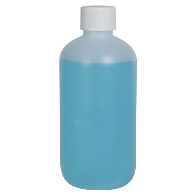 8 oz. Natural HDPE Boston Round Bottle with 24/410 White Ribbed Cap with F217 Liner
