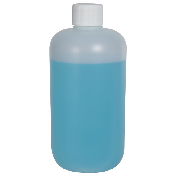 12 oz. Natural HDPE Boston Round Bottle with 24/410 White Ribbed Cap with F217 Liner