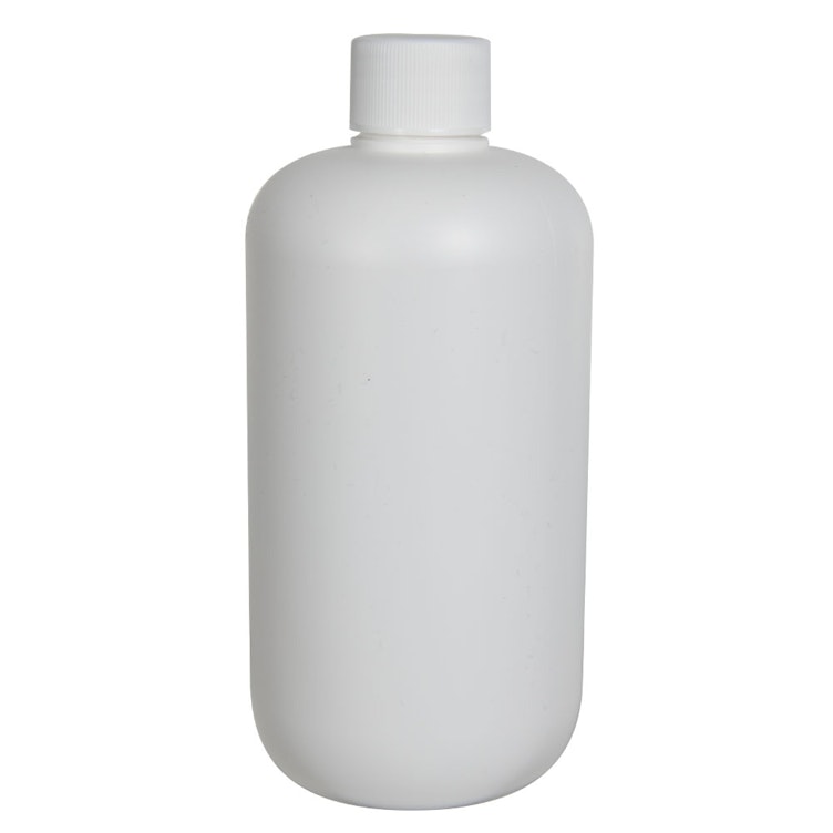 12 oz. White HDPE Boston Round Bottle with 24/410 White Ribbed Cap with F217 Liner