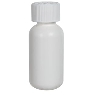 1 oz. White HDPE Boston Round Bottle with 20/410 White Ribbed CRC Cap with F217 Liner
