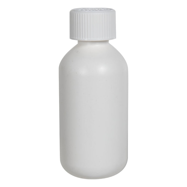 2 oz. White HDPE Boston Round Bottle with 20/410 White Ribbed CRC Cap with F217 Liner