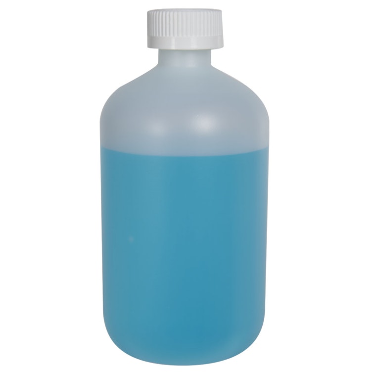 16 oz. Natural HDPE Boston Round Bottle with 28/410 White Ribbed CRC Cap with F217 Liner