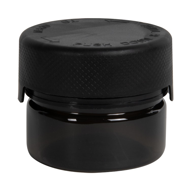 1 oz. (30cc) Translucent Black PET Aviator Container with Black CRC Cap & Seal
