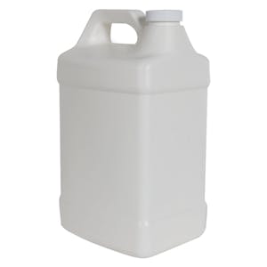 128 oz. White Level 5 Fluorinated HDPE Squat F-Style Jug with 38/400 White Ribbed Cap with F217 Liner