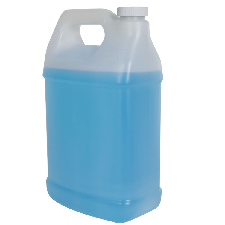 128 oz. Natural Level 5 Fluorinated HDPE F-Style Jug with 38/400 White Ribbed Cap with F217 Liner