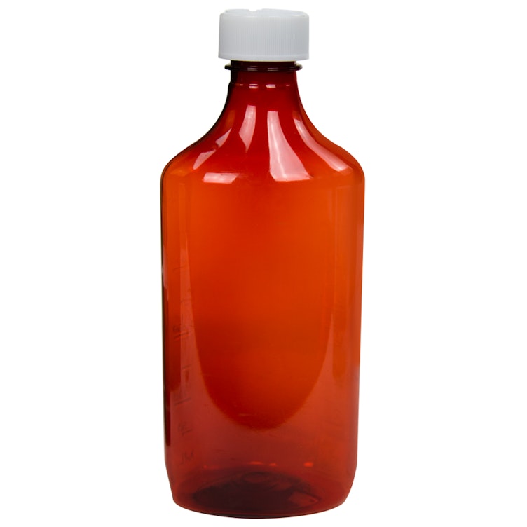 16 oz. Amber PET Oval Liquid Bottle with 28/400 White CR Cap