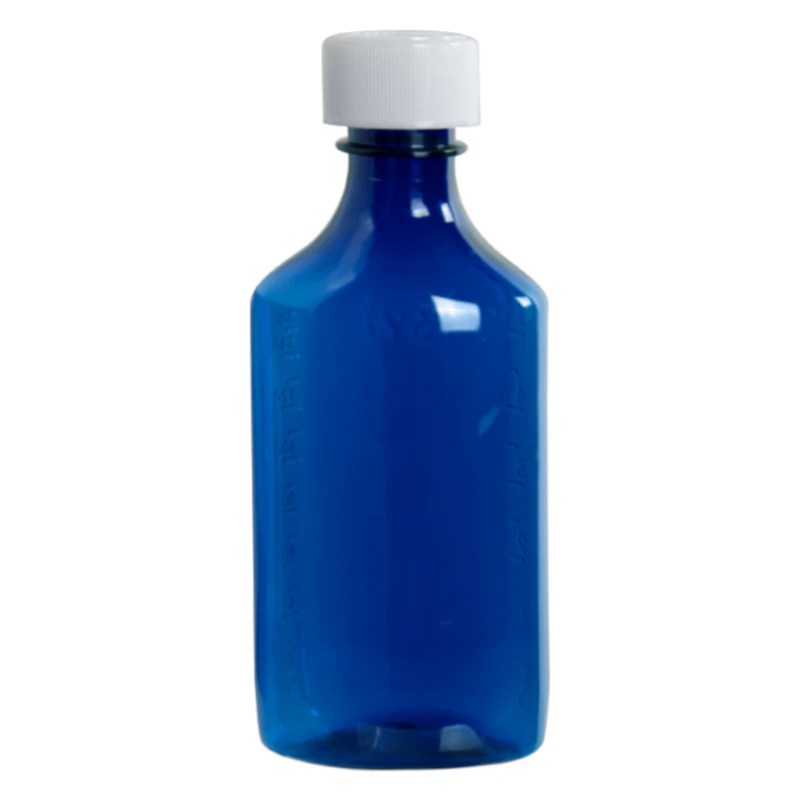 6 oz. Blue PET Oval Liquid Bottle with 24/400 White CRC Cap
