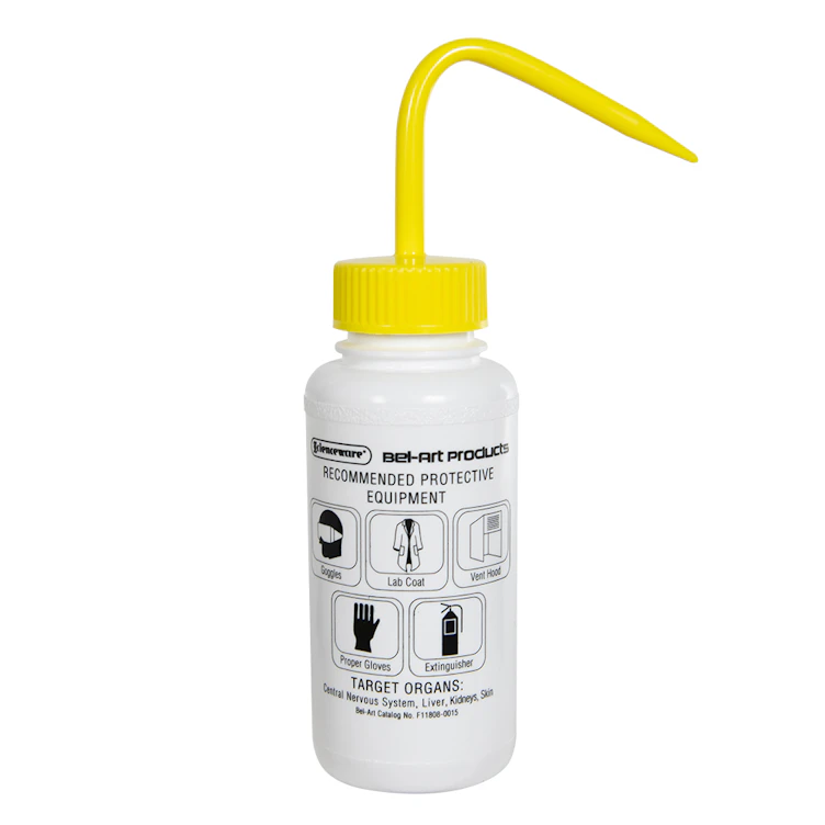 250mL (8 oz.) Scienceware® Bleach Safety-Vented & Labeled Wide Mouth Wash Bottle with Yellow Dispensing Nozzle