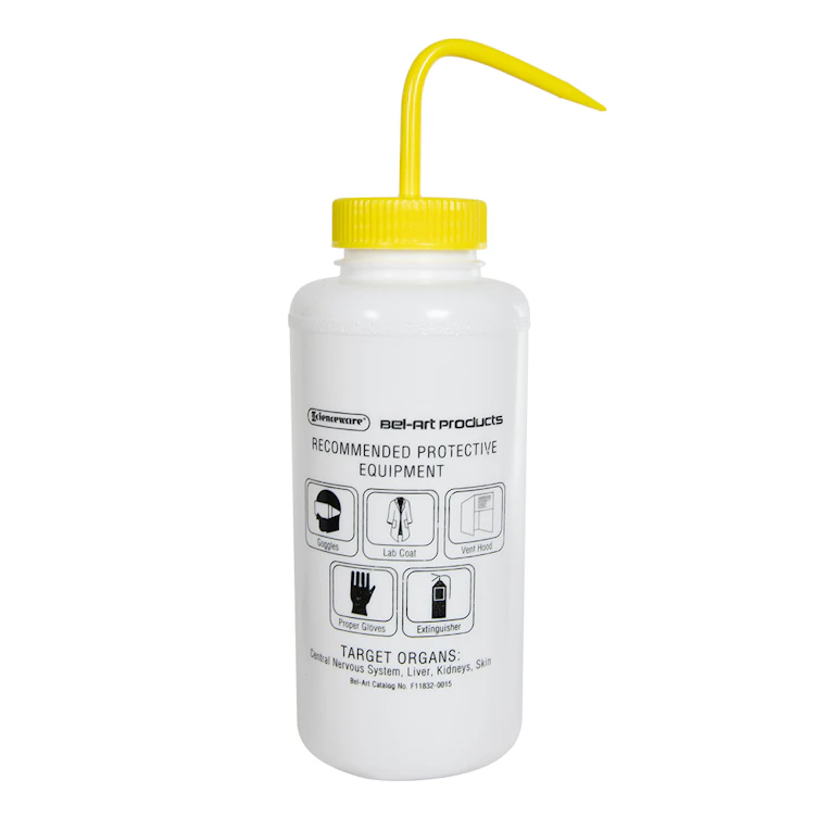 1000mL (32 oz.) Scienceware® Bleach Safety-Vented & Labeled Wide Mouth Wash Bottle with Yellow Dispensing Nozzle