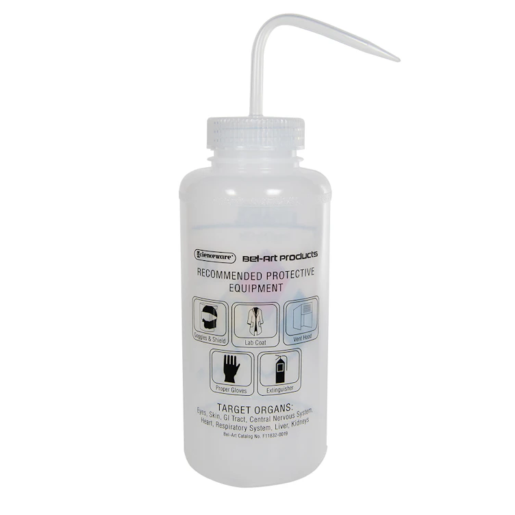 1000mL (32 oz.) Scienceware® Ethanol Safety-Vented & Labeled Wide Mouth Wash Bottle with Natural Dispensing Nozzle