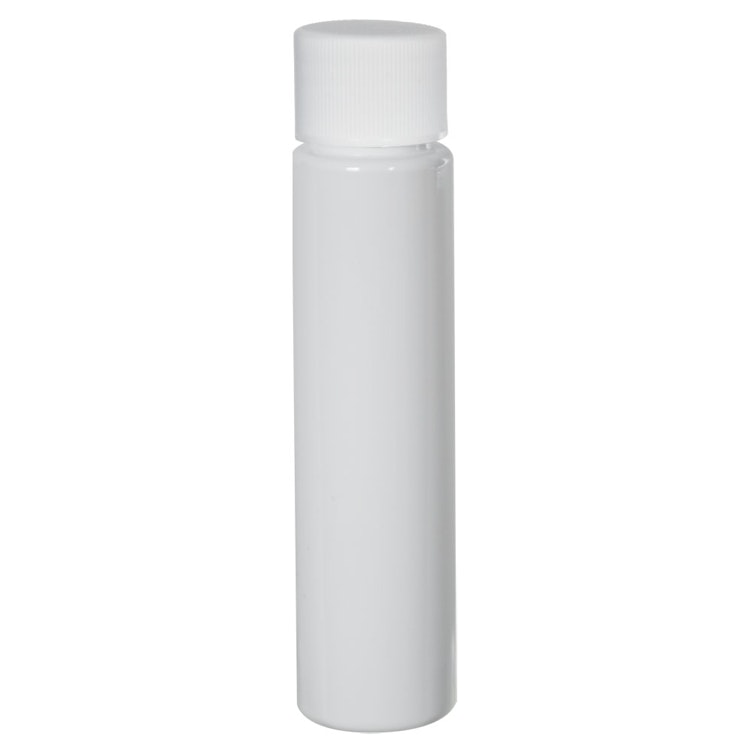 1 oz. White Slim PET Cylinder Bottle with 20/410 White Ribbed Cap with F217 Liner