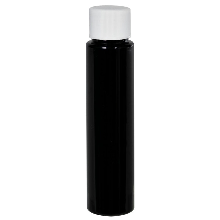 1 oz. Black Slim PET Cylinder Bottle with 20/410 White Ribbed Cap with F217 Liner