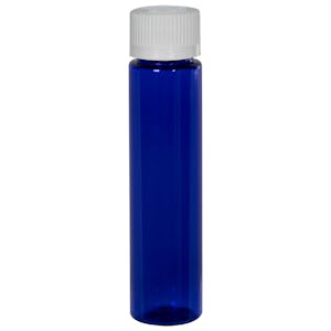 1 oz. Cobalt Blue Slim PET Cylinder Bottle with 20/410 White Ribbed CRC Cap with F217 Liner