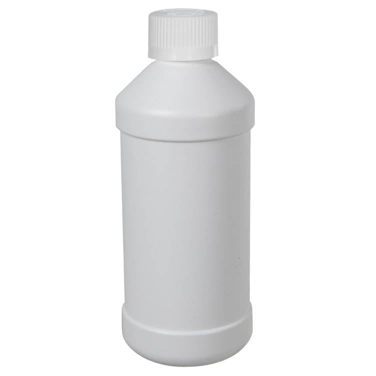 16 oz. White HDPE Modern Round Bottle with 28/410 White Ribbed CRC Cap with F217 Liner