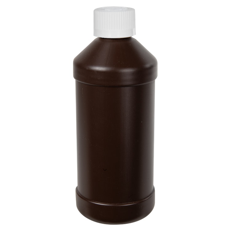 16 oz. Brown HDPE Modern Round Bottle with 28/410 White Ribbed CRC Cap with F217 Liner
