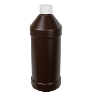 32 oz. Brown HDPE Modern Round Bottle with 28/410 White Ribbed CRC Cap with F217 Liner