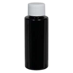 1 oz. Black PET Cylindrical Bottle with 20/410 White Ribbed Cap with F217 Liner