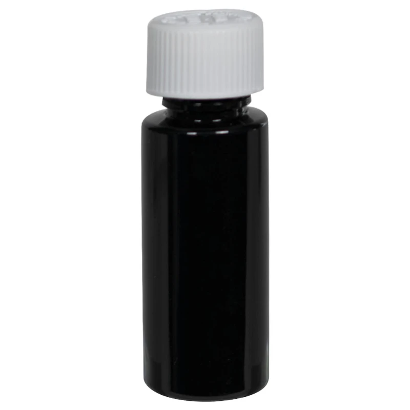 1 oz. Black PET Cylindrical Bottle with 20/400 White Ribbed Polypropylene Child-Resistant Cap (CRC) with F217 Liner