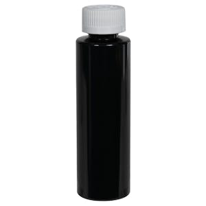 4 oz. Black PET Cylindrical Bottle with 24/410 White Ribbed CRC Cap with F217 Liner