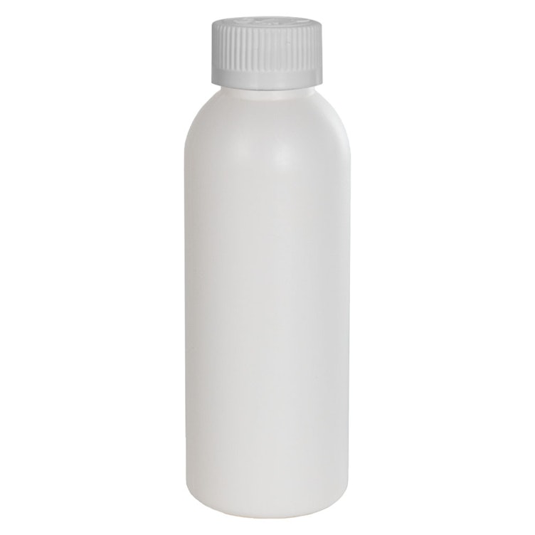 2 oz. White HDPE Cosmo Bottle with 20/410 White Ribbed CRC Cap with F217 Liner
