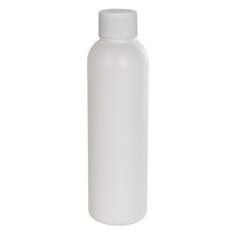 4 oz. White HDPE Cosmo Bottle with 24/410 White Ribbed Cap with F217 Liner