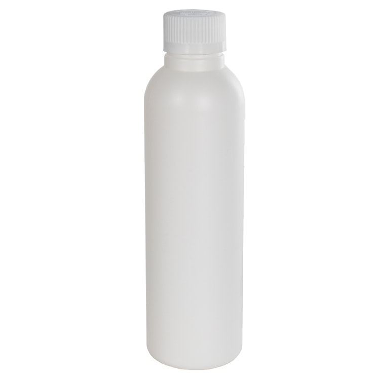4 oz. White HDPE Tall Cosmo Bottle with 24/410 White Ribbed CRC Cap with F217 Liner