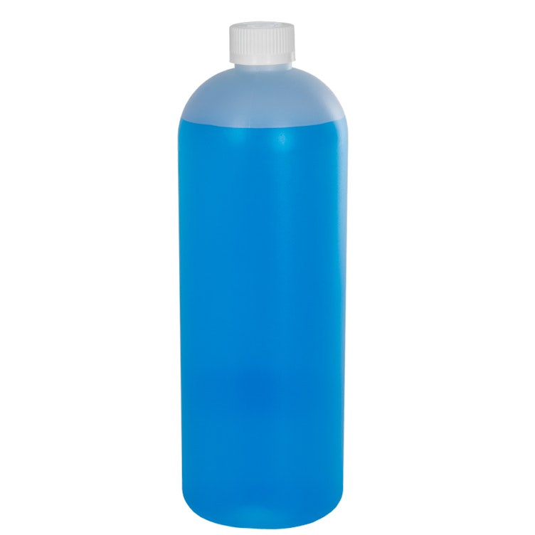32 oz. Natural HDPE Tall Cosmo Bottle with 28/410 White Ribbed CRC Cap with F217 Liner
