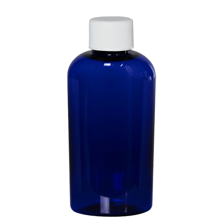 2 oz. Cobalt Blue PET Cosmo Oval Bottle with 20/410 White Ribbed Cap with F217 Liner