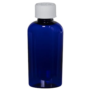 2 oz. Cobalt Blue PET Cosmo Oval Bottle with 20/410 White Ribbed CRC Cap with F217 Liner