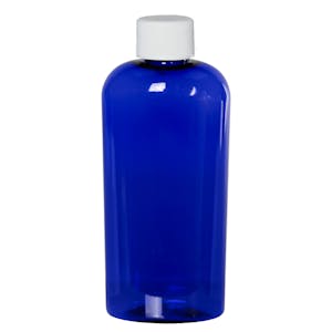 4 oz. Cobalt Blue PET Cosmo Oval Bottle with 20/410 White Ribbed Cap with F217 Liner