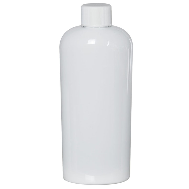 4 oz. White PET Cosmo Oval Bottle with 20/410 White Ribbed Cap with F217 Liner