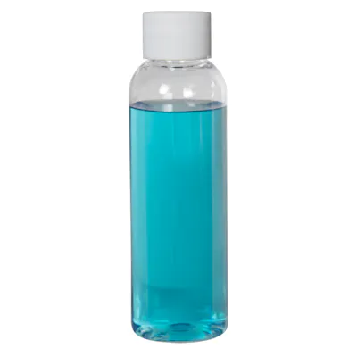 2 oz. Clear PET High Clarity Cosmo Round Bottle with 20/410 White Ribbed Cap with F217 Liner