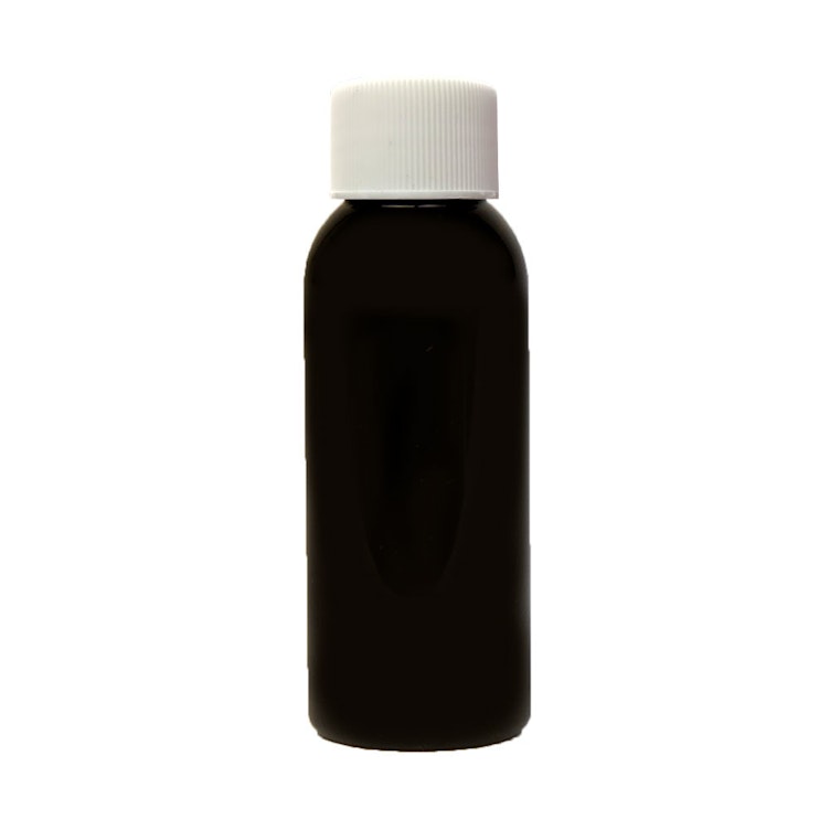1 oz. Black PET Cosmo Round Bottle with 20/410 White Ribbed Cap with F217 Liner