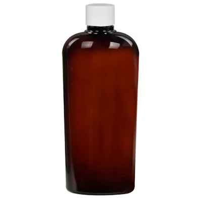 8.45 oz. Amber PET Vale High Clarity Oval Bottle with 24/410 White Ribbed Cap with F217 Liner