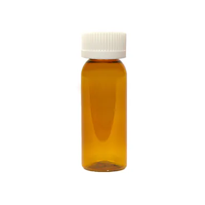 1 oz. Clarified Amber PET Cosmo Round Bottle with 20/400 White Ribbed CRC Cap with F217 Liner
