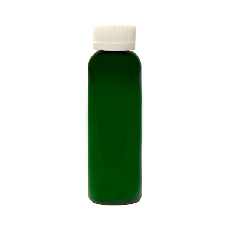 2 oz. Dark Green PET Cosmo Round Bottle with 20/410 White Ribbed CRC Cap with F217 Liner