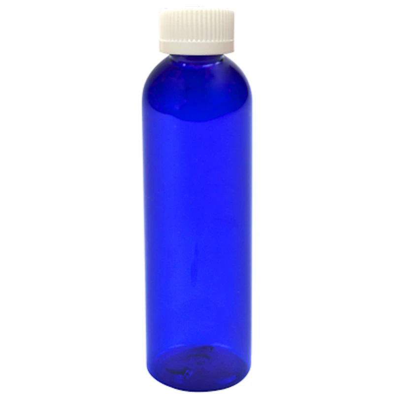 2 oz. Cobalt Blue PET Cosmo Round Bottle with 20/400 White Ribbed CRC Cap with F217 Liner