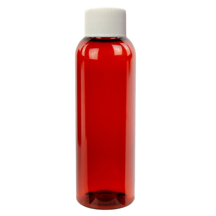 2 oz. Red Amber PET Cosmo Round Bottle with 20/410 White Ribbed Cap with F217 Liner