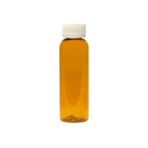 2 oz. Clarified Amber PET Cosmo Round Bottle with 20/410 White Ribbed CRC Cap with F217 Liner