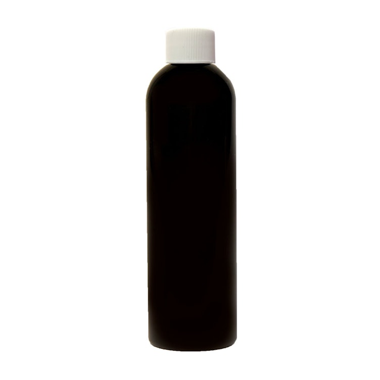 4 oz. Black PET Cosmo Round Bottle with 20/410 White Ribbed Cap with F217 Liner