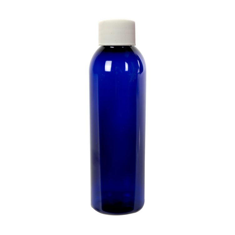 4 oz. Cobalt Blue PET Cosmo Round Bottle with 24/410 White Ribbed Cap with F217 Liner