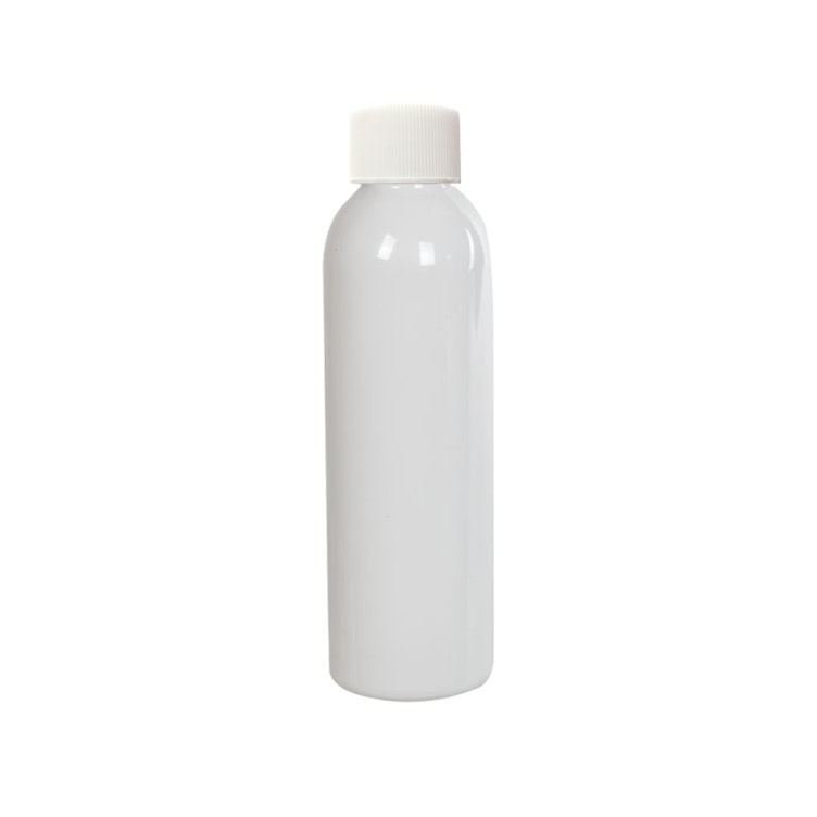 4 oz. White PET Cosmo Round Bottle with 24/410 White Ribbed Cap with F217 Liner