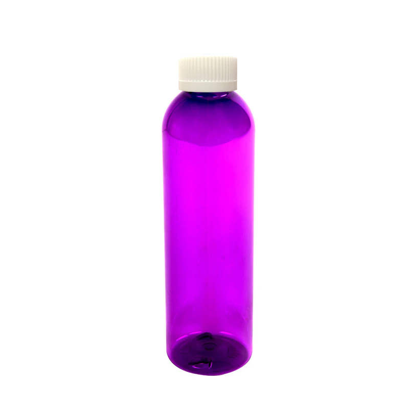 4 oz. Purple PET Cosmo Round Bottle with 20/400 White Ribbed CRC Cap with F217 Liner