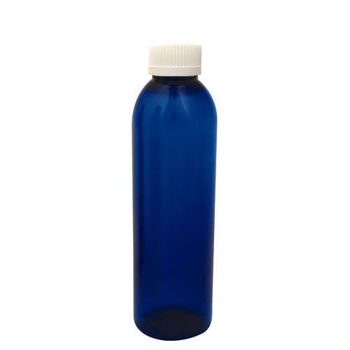 6 oz. Cobalt Blue PET Cosmo Round Bottle with 24/410 White Ribbed CRC Cap with F217 Liner