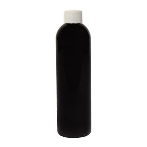 8 oz. Black PET Cosmo Round Bottle with 24/410 White Ribbed Cap with F217 Liner