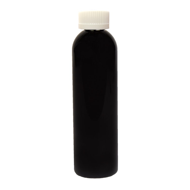 8 oz. Black PET Cosmo Round Bottle with 24/410 White Ribbed CRC Cap with F217 Liner