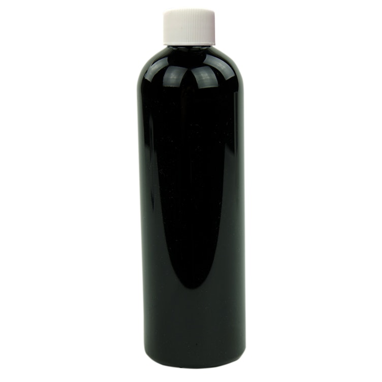 12 oz. Black PET Cosmo Round Bottle with 24/410 White Ribbed Cap with F217 Liner
