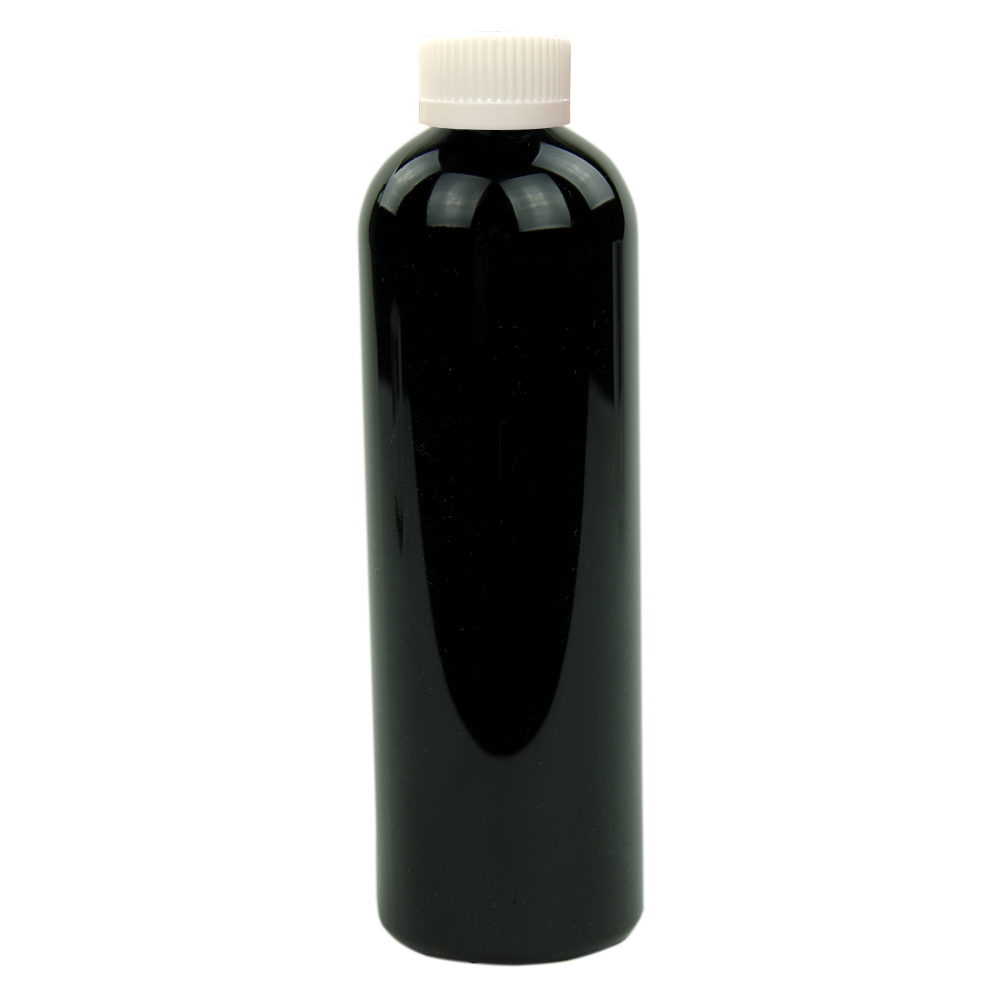 32 oz. Black PET Cosmo Round Bottle with 28/400 White Ribbed CRC